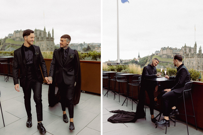 Wedding Portraits Of Two Grooms On A Rooftop With Views Of Edinburgh Castle