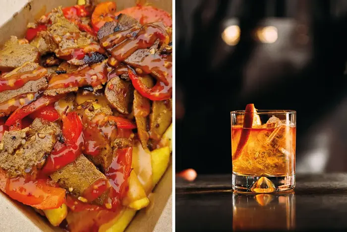 fake meat with peppers and a whisky dram glass with ice cubes