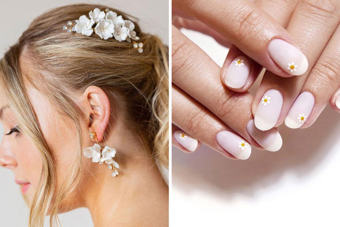 Floral hair accessories and flower details on the manicure 