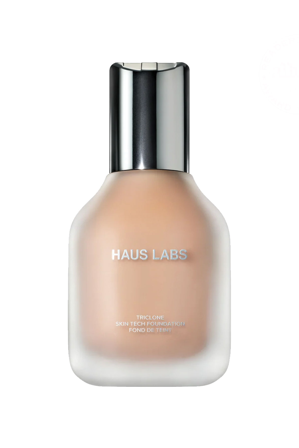 Haus Labs Triclone Skin Tech Foundation in a frosted glass bottle with silver cap