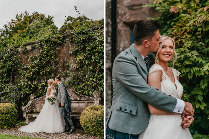 On the left a bride and a groom kiss in a garden, on the right the groom wraps his arms around the bride and kisses her head