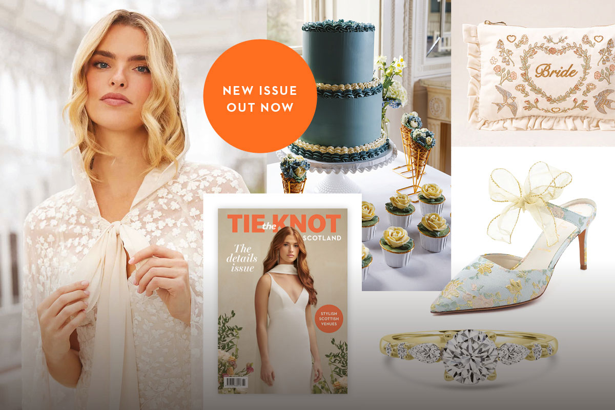 Tie the Knot Scotland April May issue preview featuring bridal fashion, wedding cake, accessories and jewellery inspiration