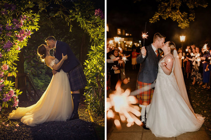 Dunkeld House twilight wedding and couple kissing while holding sparklers