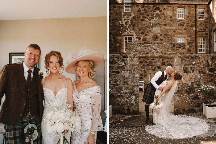 a bride wearing a lace dress poses with a person wearing a pale pink floral bud dress and person wearing a brown kilt on left. A bride and groom kiss dramatically outside Barra Castle on right