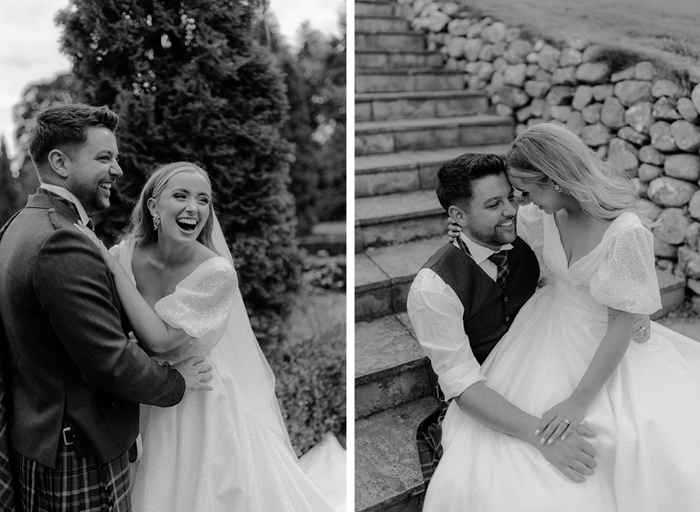 romantic black and white images of a bride and groom taken outside Achnagairn Castle