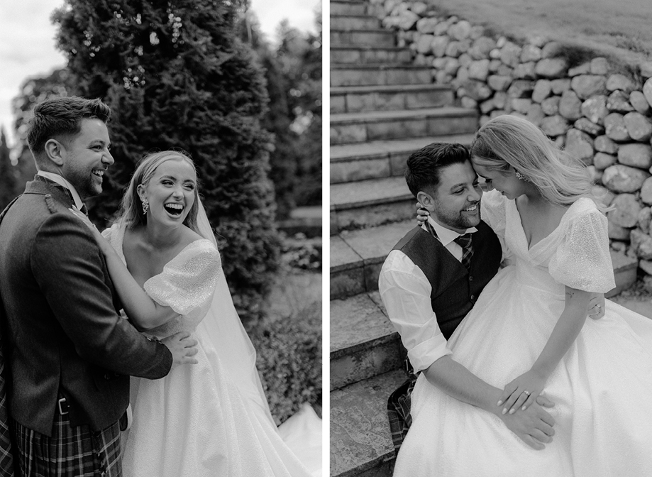 romantic black and white images of a bride and groom taken outside Achnagairn Castle
