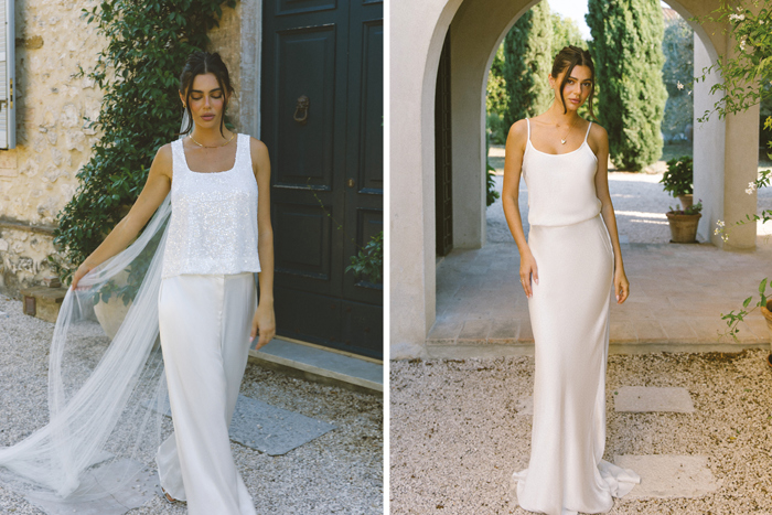 Two sets of satin bridal separates seen side by side on same model
