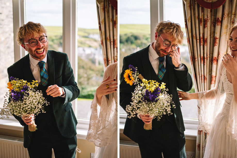 Laughing And Emotional Man In Suit Carrying A Bridal Bouquet