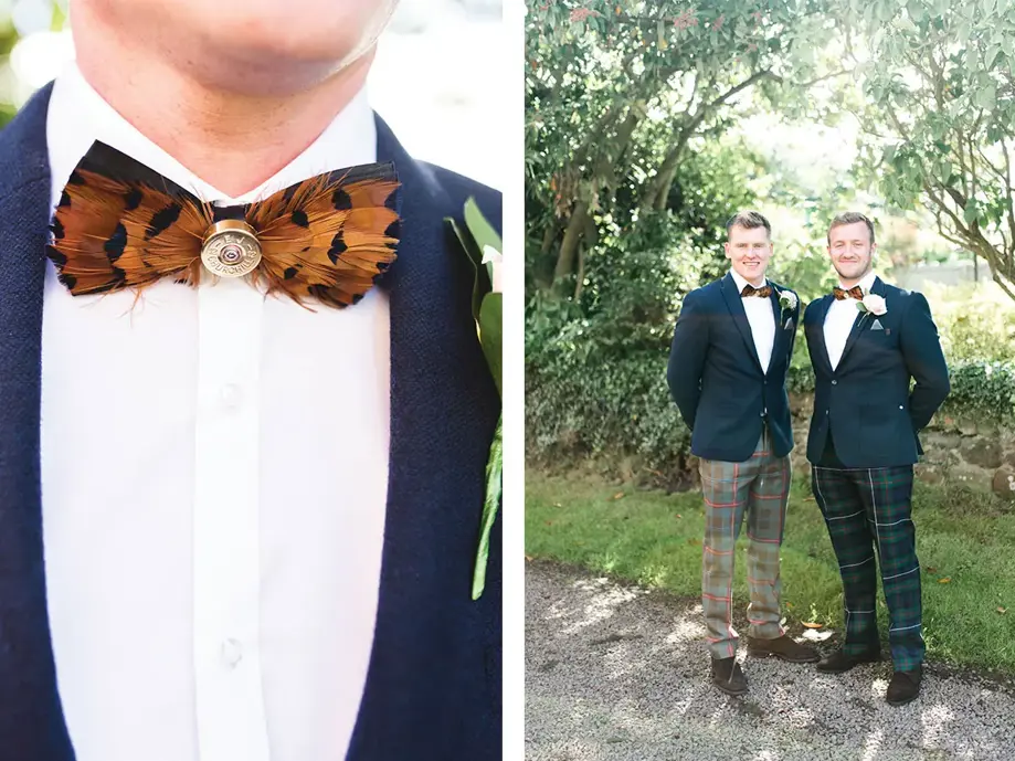 Left image shows grooms feathered bowtie and right image shows groom and his best man smiling 