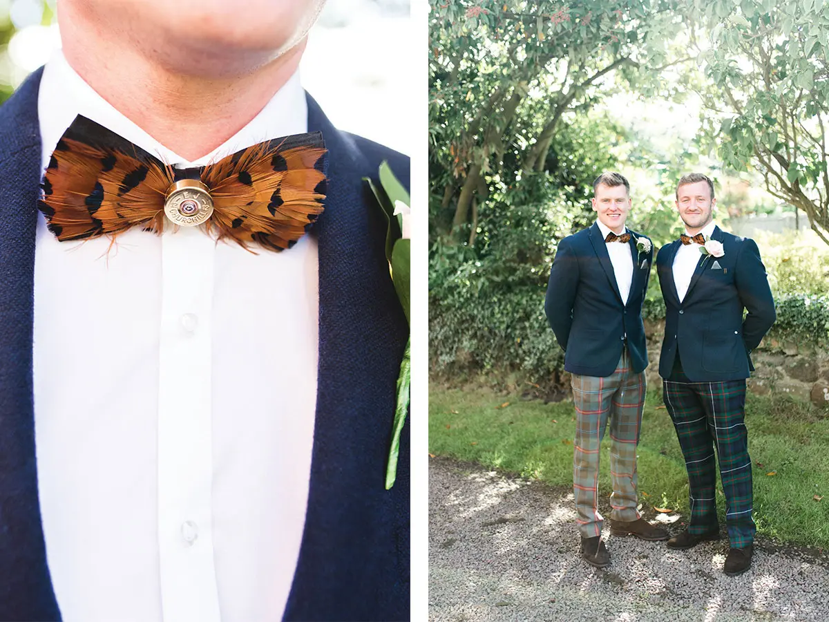 Left image shows grooms feathered bowtie and right image shows groom and his best man smiling