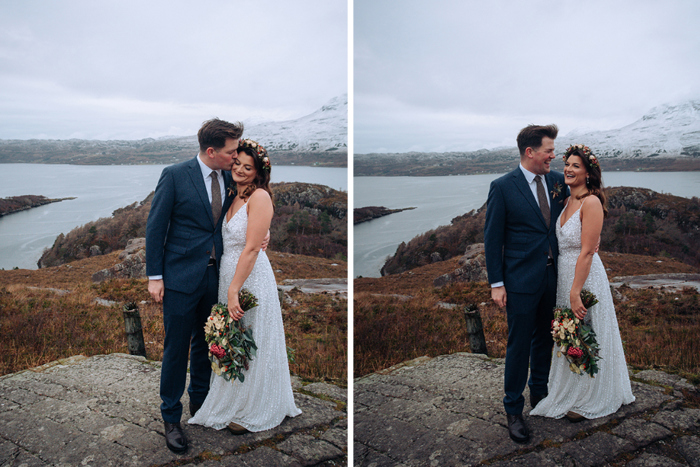 Couple portraits in front of loch with snow-capped mountains in the background