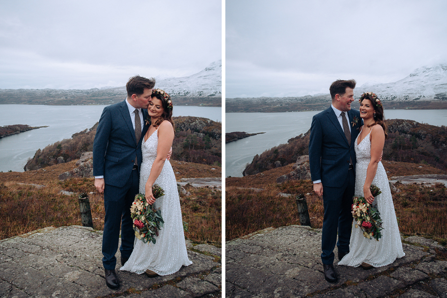 Couple portraits in front of loch with snow-capped mountains in the background
