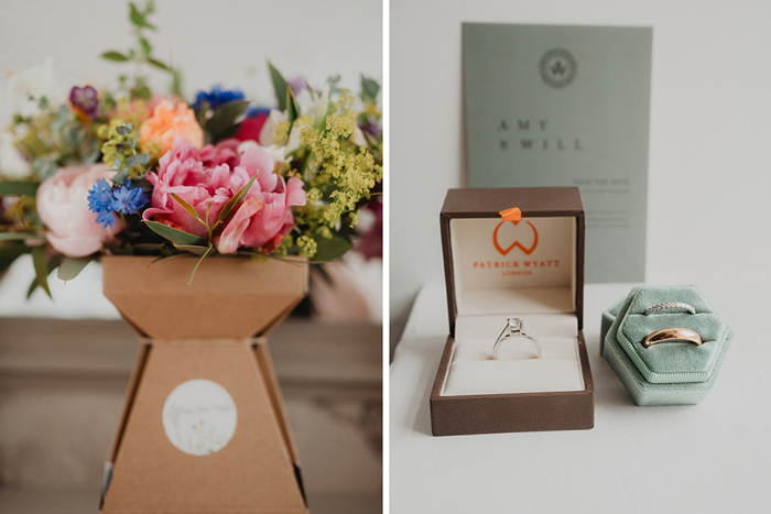 A Colourful Bouquet Of Flowers And Wedding Rings In Boxes