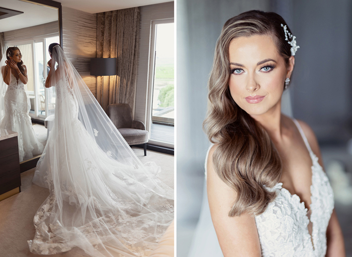 a bride wearing a wedding dress and long veil looking in a full-length mirror fixing her earring on left. A portrait of a bride wearing a wedding dress with a lace bodice on right.