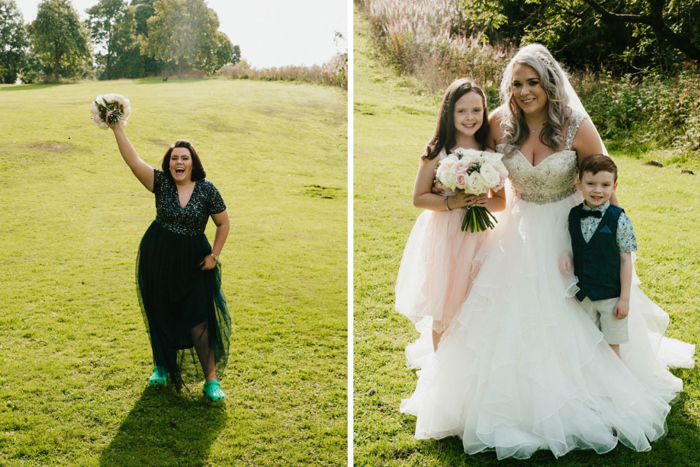 A Bridesmaid On Grass Wearing Crocs And Holding Her Bouquet In Air And A Bride With A Young Boy And Girl