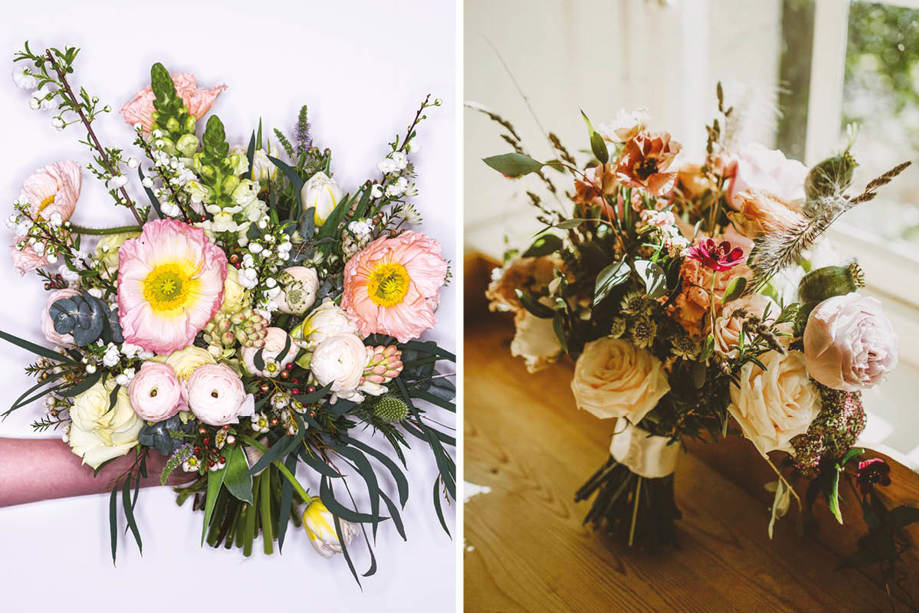 two relaxed wedding bouquets on display