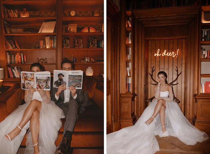 Couples pose with books sitting on a couch on left, and a bride sits on a deer antler chair on right