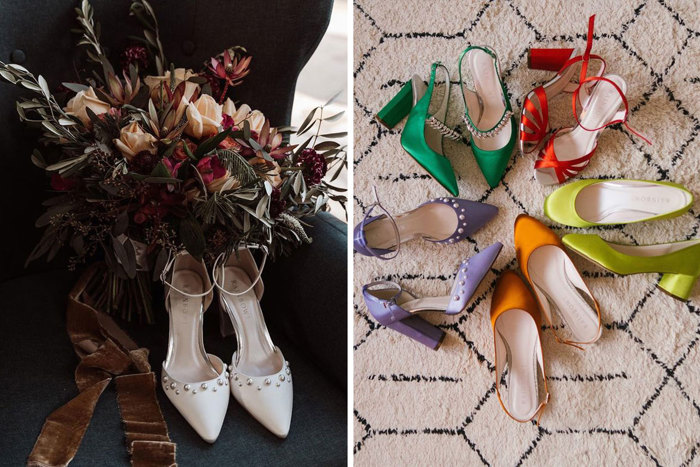 Pair of white Rainbow Club heels beside bouquet and image showing five pairs of brightly coloured Rainbow Club heels 