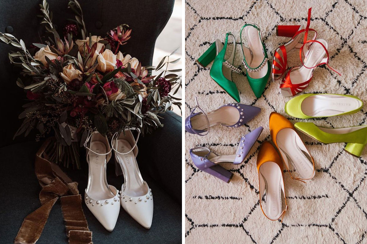 Pair of white Rainbow Club heels beside bouquet and image showing five pairs of brightly coloured Rainbow Club heels