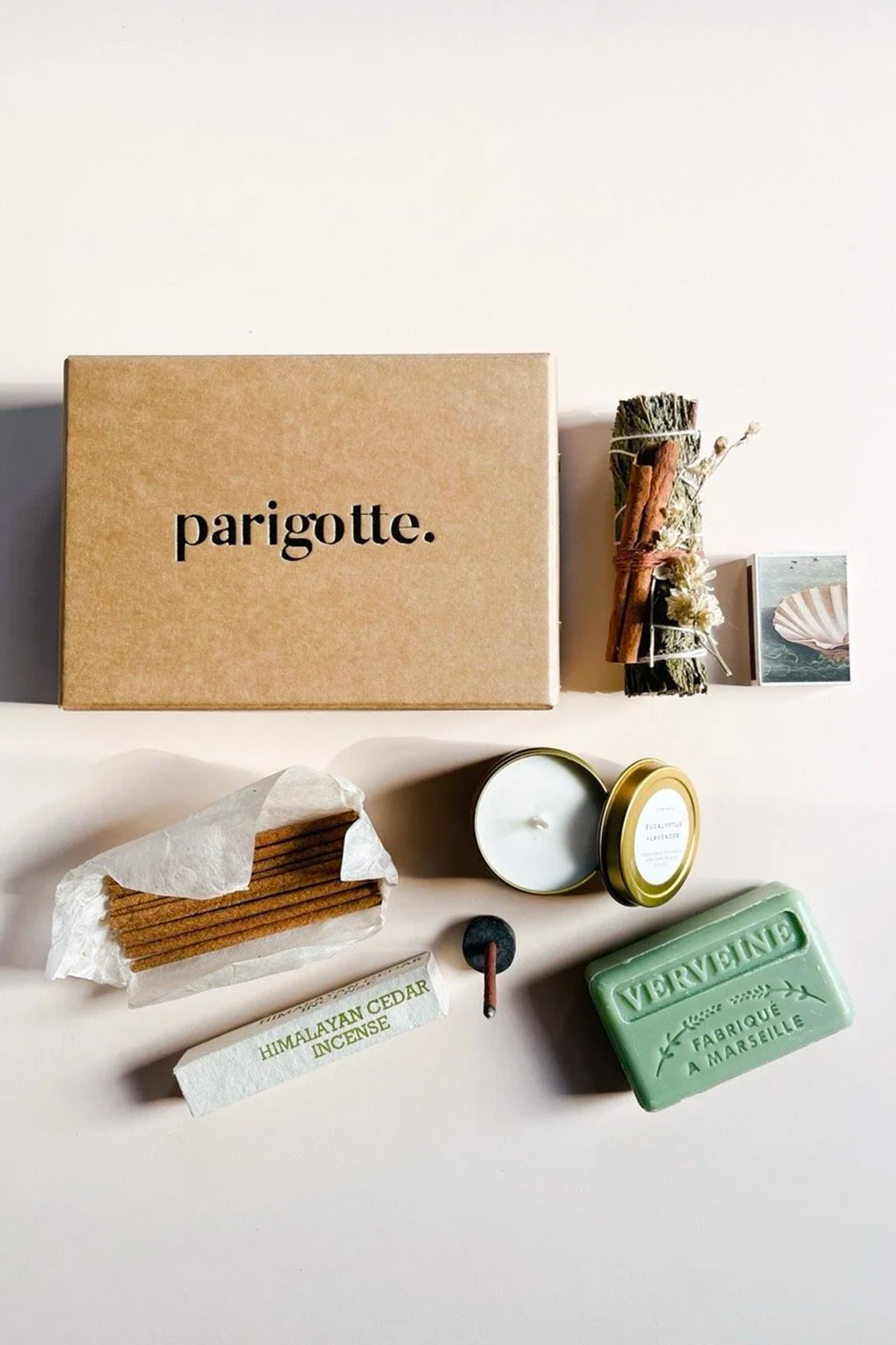 Parigotte serenity gift box with incense, candle, soap and wellness items, a relaxing self-care wedding gift for newlyweds