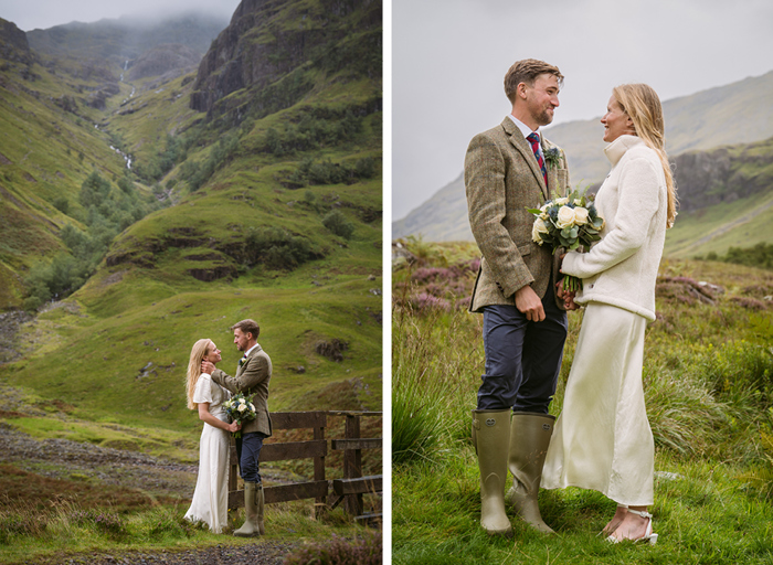 a bride and groom posing for wedding photos in Glencoe landscape