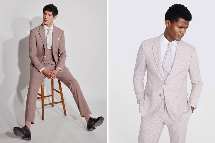 a person wearing a Moss mauve flannel suit on left and a person wearing a white check suit on right