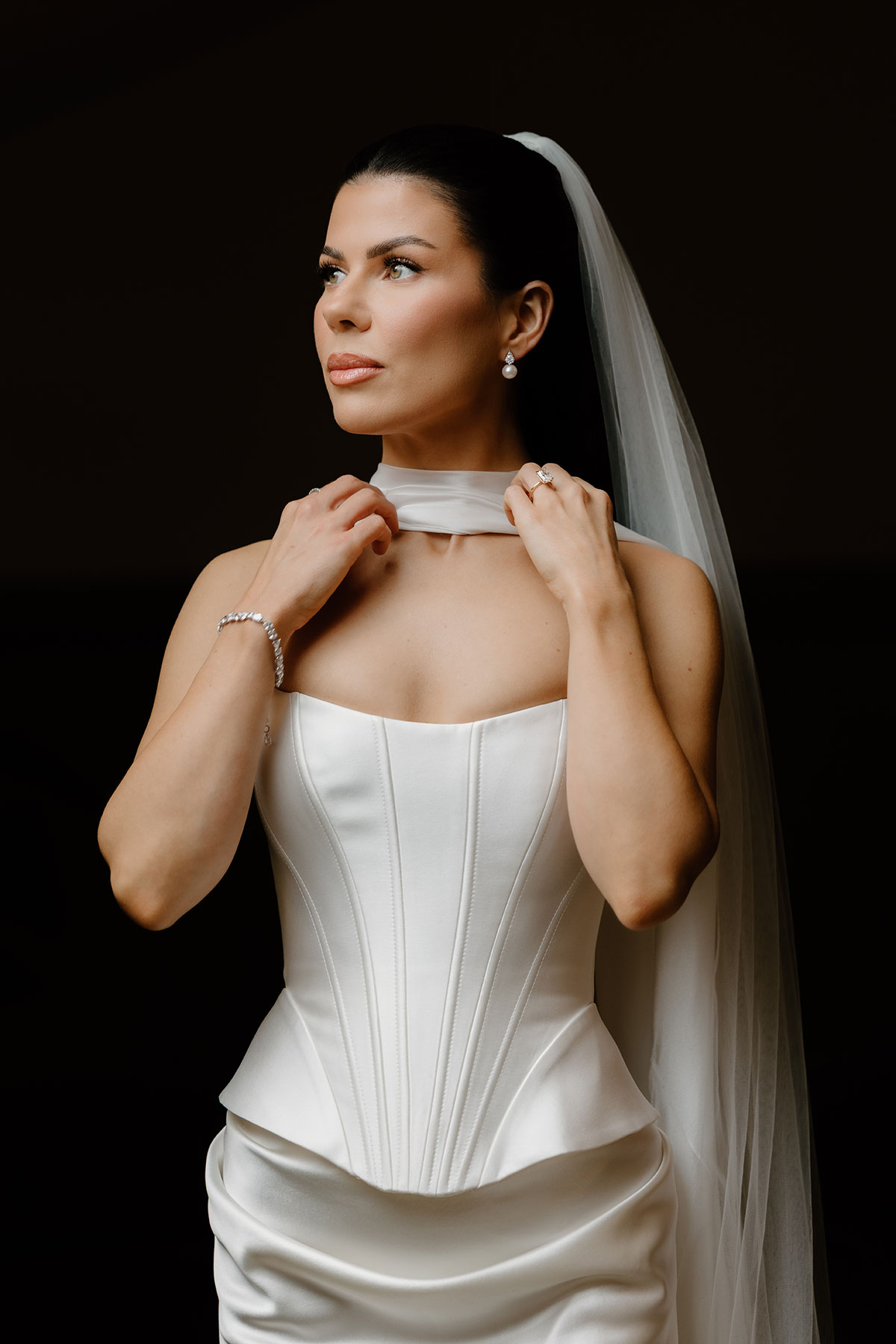 Bride wearing Divine Atelier two-piece wedding dress during preparations at The Exchange Glasgow