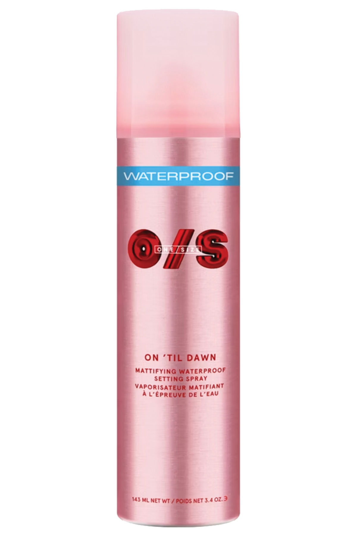 One/Size On ’Til Dawn Mattifying Waterproof Setting Spray in a metallic pink aerosol can
