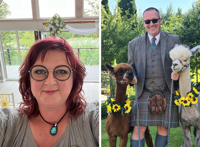 a person wearing glasses and a grey t shirt on left. A person wearing a kilt posing with two alpacas on right.