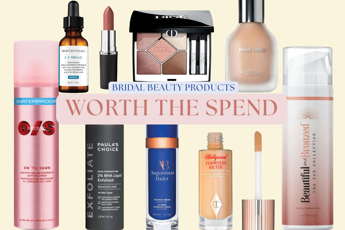 Collage of expert-recommended bridal beauty products, including makeup, skincare and tanning products, with the text “Bridal beauty products worth the spend”