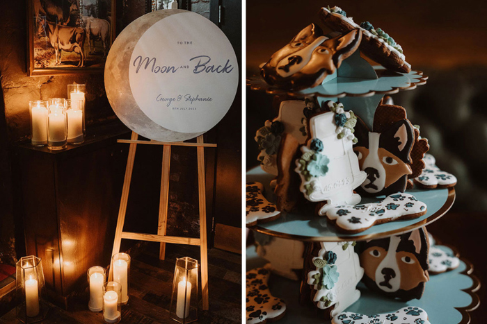 Image showing wedding welcome sign and personalised biscuits showing the couple's dog