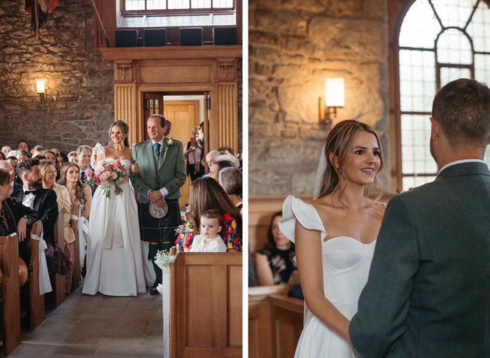 a bride walking down the aisle in a church setting on the arm of a man in a kilt on left. A bride smiling and looking at a groom on right. 