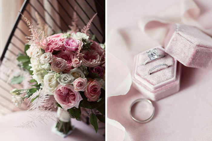 Pink And White And Peach Wedding Bouquet And Detail Of Rings In Pink Velvet Box