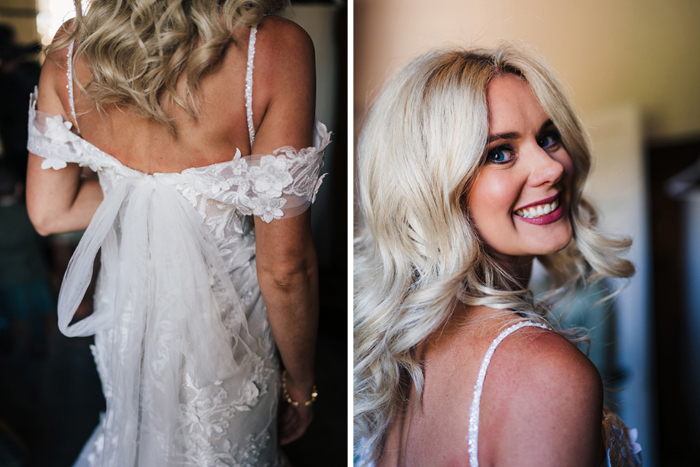 Bridal portraits showing the back of her dress and one of her smiling