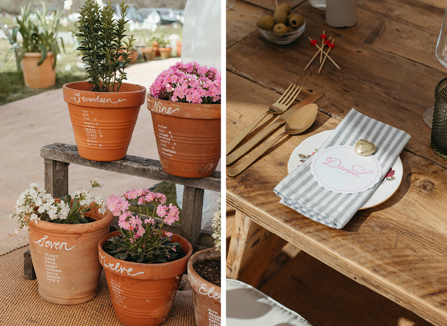 terracotta pots filled with garden flowers with white script writing on them on left. A place setting on a wooden table at a wedding on right