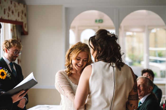 Two Brides Laughing At Wedding Ceremony At Fern Hill Hotel In Portpatrick
