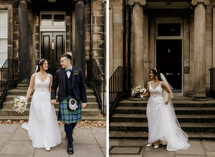 Bride and groom take their wedding photos on the streets of Edinburgh