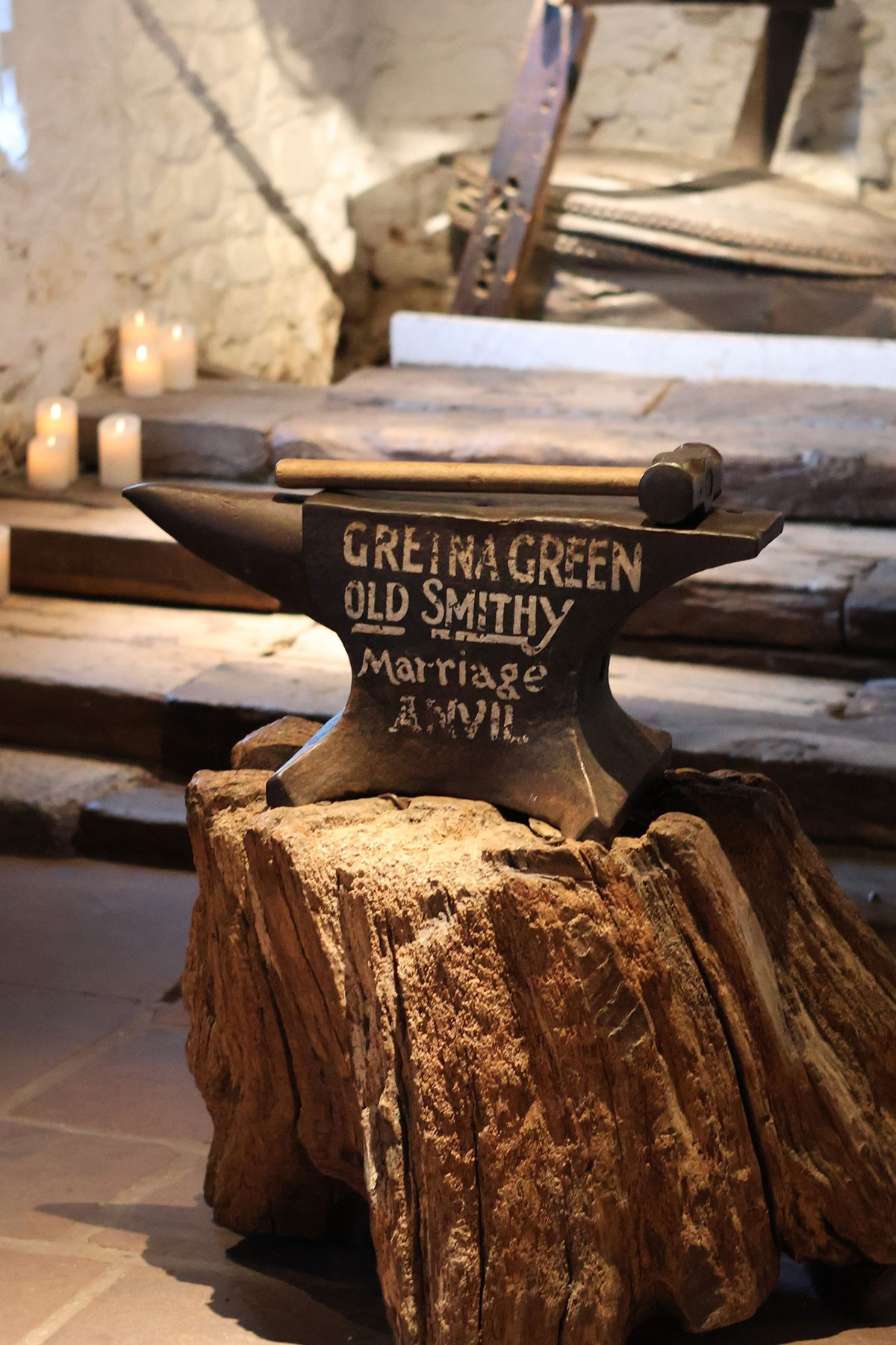 Historic Gretna Green marriage anvil inside the Famous Blacksmiths Shop where couples have married since 1754.