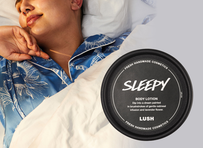 a person sleeping peacefully and a cut-out Lush Sleepy product image