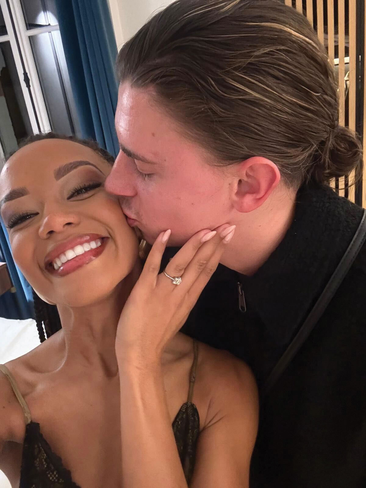 model and influencer maggie liz smith takes a selfie with fiance jordan lowdon after getting engaged in paris