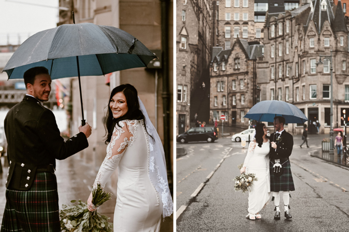 Groom holds umbrella over bride as they walk through Edinburgh
