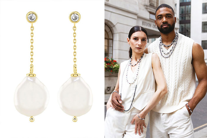 close up of pearl earrings, and a couple in white clothes posing to show off jewellery 