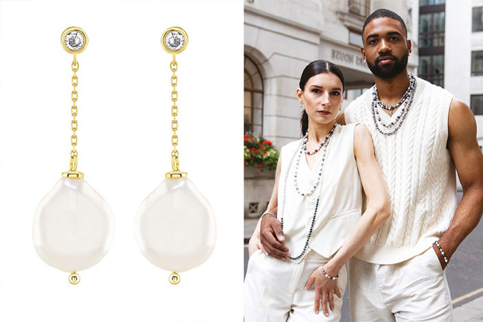 close up of pearl earrings, and a couple in white clothes posing to show off jewellery