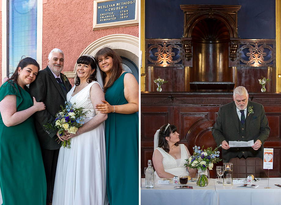 a bride and groom posing with two bridesmaids wearing forest green dresses in front of a coral coloured building on left. A seated bride watching a standing groom make a wedding speech in front of an ornate dark wooden background