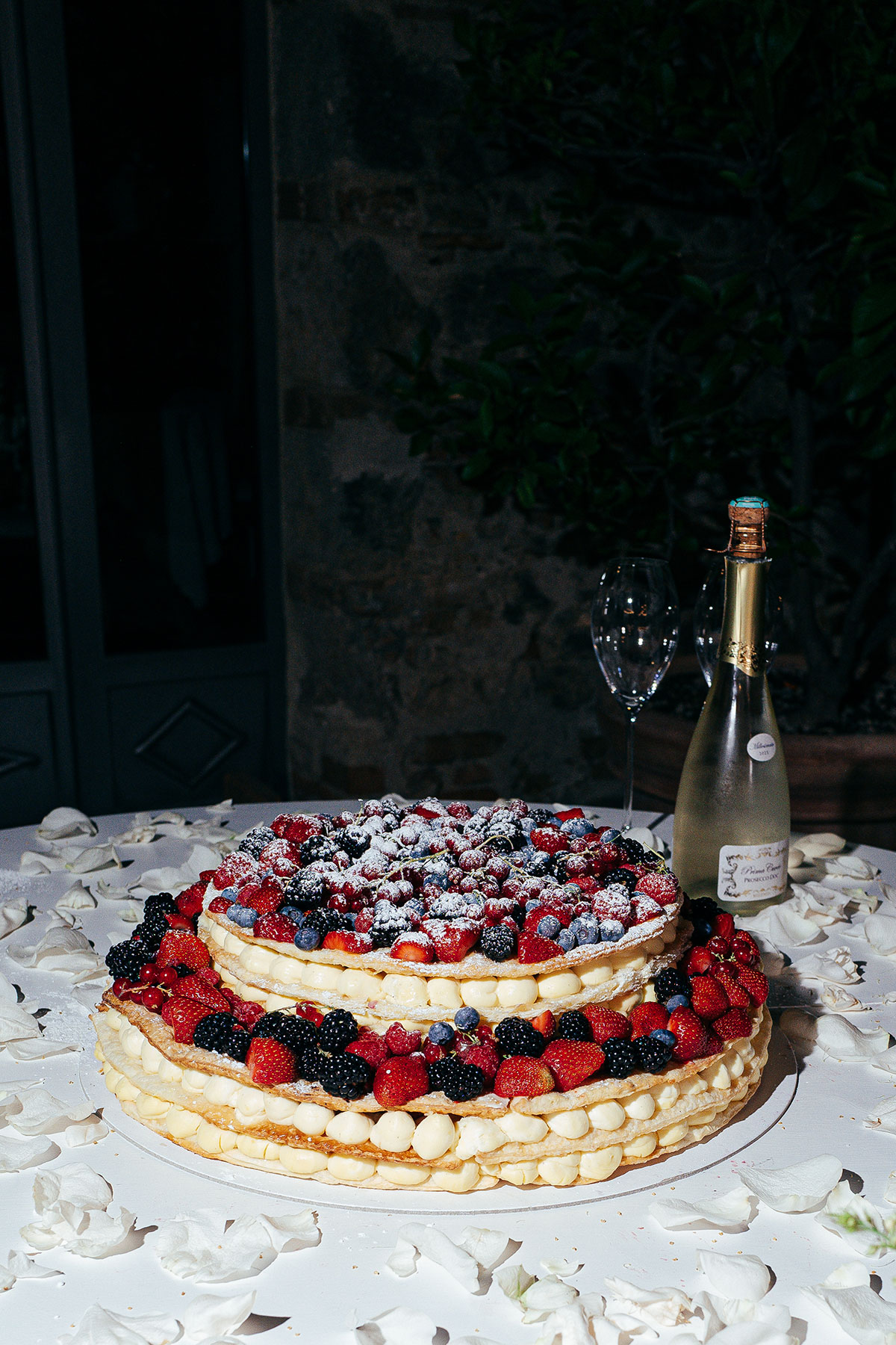 Millefoglie wedding cake with berries and champagne at Antico Borgo San Lorenzo Tuscany