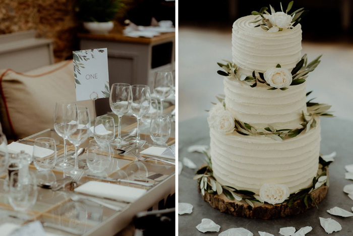 Image showing table set up and one showing three-tier white cake with flowers