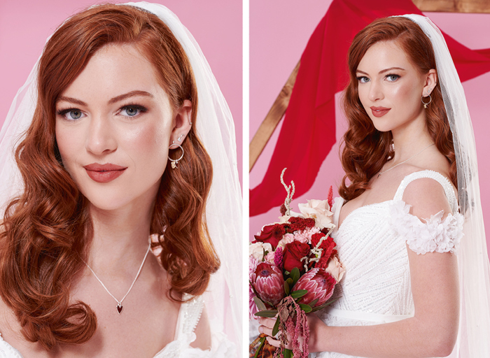 Close up photos of a redhaired bride wearing a veil and holding a pink and red bouquet
