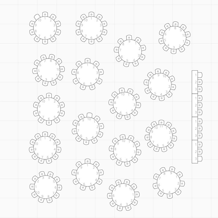 a black and white grid format of a 17 round tables and three long tables, with numbers labelling each seat