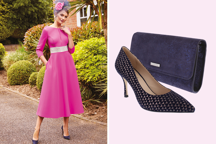 Model wears fuchsia midi dress and image showing navy court heels and matching bag