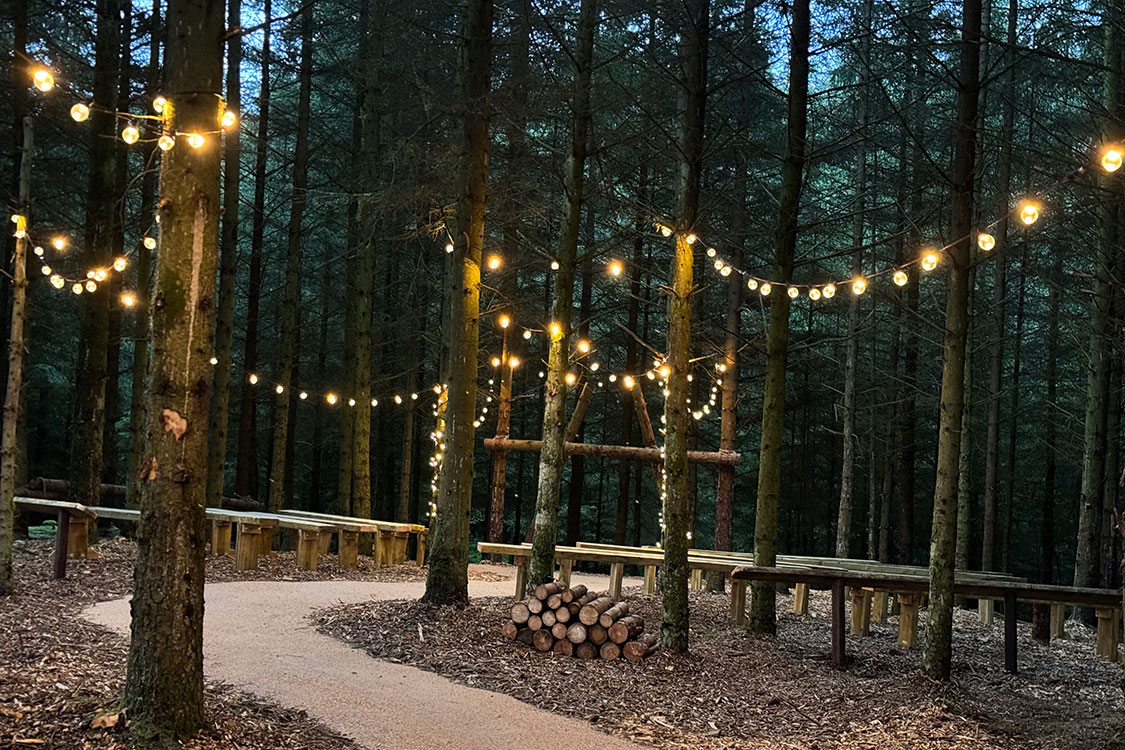 Outdoor woodland ceremony area at Eden Leisure Village decorated with festoon lights and rustic benches for a forest wedding in Scotland.